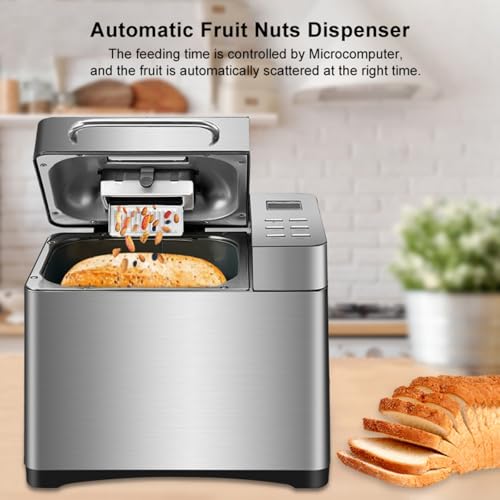 Konfiur 650W Brotbackautomat, Brotbackmaschine mit Frucht-Nuss-Spender und Timber, Edelstahl Bread Maker 19 Programme, 34 * 21 * 31cm Rosinen-Nussverteiler und Hefespender, Silber – Bild 7