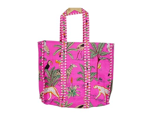 Image of Quilted Cotton Hand printed Reversible Large multicolor cotton Tote Bag,Indian Handmade Block Printed Tote Bag Women Handbag