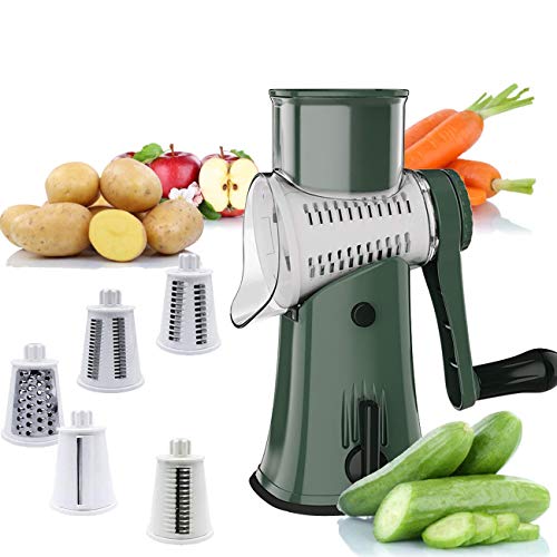 lasoour Rotary Cheese Grater 5 in 1 - Round Mandoline Drum Slicer Manual Vegetable Slicer with a Stainless Steel Peeler Julienne Shredder Waffle Slicers for Fruit Vegetables Nuts French Fries Green