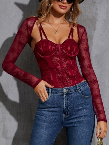Image of JOKELAMB Women's Lace Mesh Bolero Shrug, Long Sleeve Crop Cardigan | Lace, Long Sleeve, Y2K, Floral,Adds Elegant Arm Coverage for Camisoles Dresses