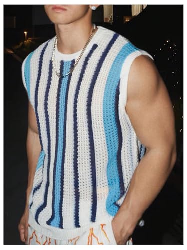 Floerns Men's Striped Crochet Knit Sweater Vest Crew Neck Pullover Top2
