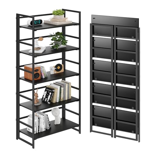 BHG 5-Tier Folding Bookshelf, No-Assembly, All Black