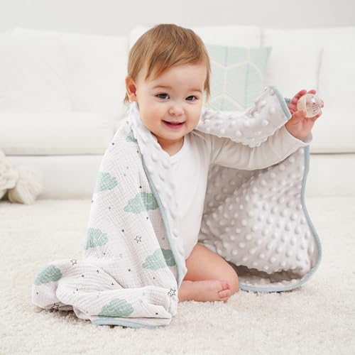 Image of Susurration Baby Blanket for Unisex Boys Girls, Soft Nursery Minky Blanket with Muslin Cotton Front and Dotted Fleece Back, Receiving Blanket for Baby Newborn Infant, 30x40inch (Cloud)