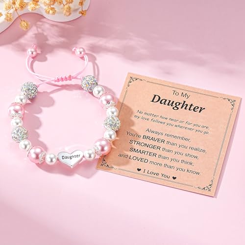Image of Granddaughter Daughter Gifts -Heart Natural Stone Beaded Bracelet for Girls, Valentines Birthday Gifts for Girls Daughter Granddaughter