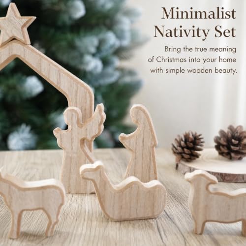 Image of NEROSUN Nativity Scene Set, 13Pcs Wooden Christmas Nativity Scene Miniature Holy Family Figurines, Minimalism Boho Tabletop Christmas Manger Decorations for Christan Indoor Home Mantel Display
