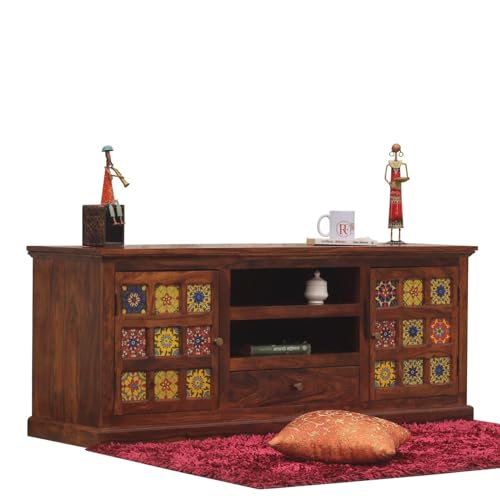 Image of Solid Wood TV Unit for Living Room 55 Inch Furniture - Wooden TV Unit with Storage Cabinet with 1 Drawr, 6 Shelves Wooden TV Cabinet for Living Room - Fits up to 55-Inch TV (Bennett)
