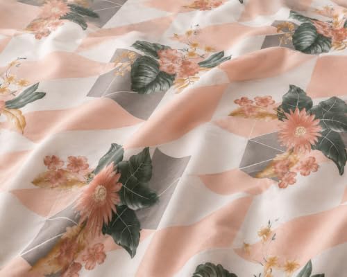 Image of Fitted Bedsheet Peach Floral Chevron Print Glace Cotton 210 TC | Full Single Size for Single Bed Fits 4 x 6.25 ft Mattress (48 x 75 Inch) | All Around Elastic | 2 Pillow Covers | 7 Inch Deep Pocket