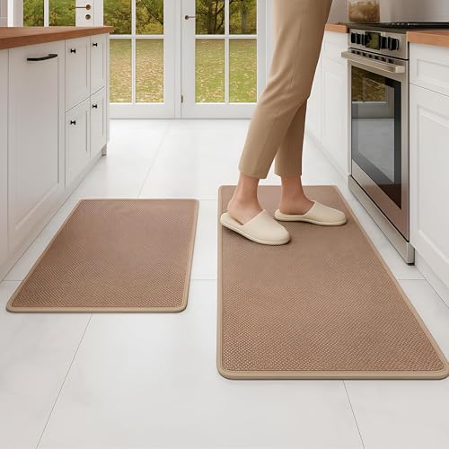 SS BEST DEALS Set of 2 Kitchen Rugs and Mats with Rubber Backing, Absorbent Cushioned Non-Slip Floor Mats for Kitchen Sink Area, Brown, 17.3