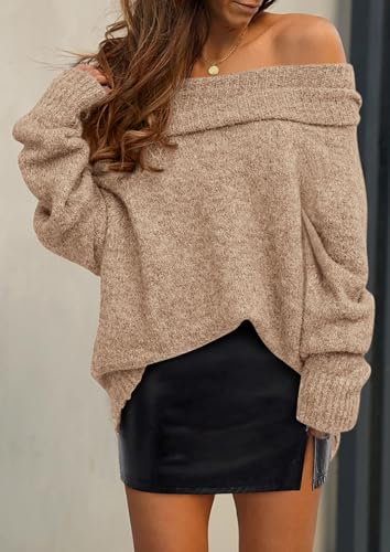 PRETTYGARDEN Women's Off The Shoulder Sweater Long Sleeve Tops 2025 Fall Loose Knit Pullover Sweaters Winter Clothes
