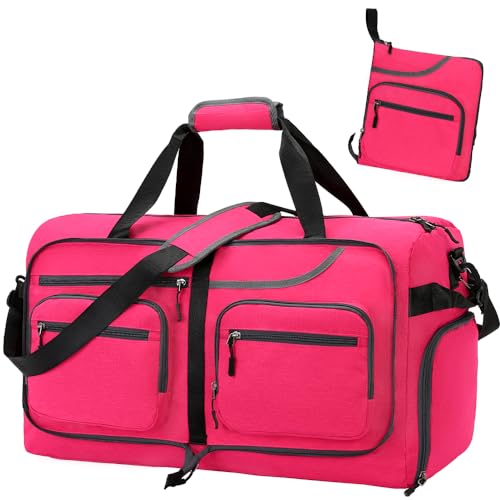 Travel Duffle Bag, 65L Foldable Travel Duffel Bag with Shoes Compartment and Wet Pocket, Waterproof & Tear Resistant (A7-Rose red, 65L)
