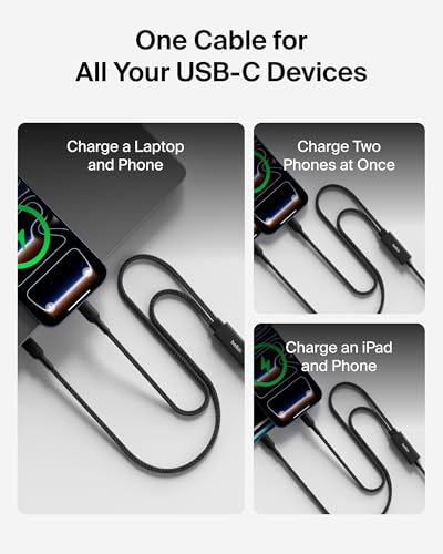 Image of Belkin 2-in-1 USB C to USB C Cable 140W, 5ft Braided Dual Charging Cable - Fast-Charging Combo Cord w /Smart Power Sharing for MacBook, iPhone, iPad, Samsung, Pixel, & More - Travel Essentials - Black