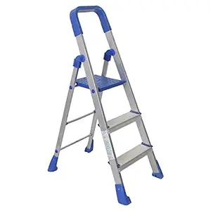 OBBO- 3 Step Ladder for Home | Aluminum Ladder for Home | Foldable Ladder for Home | Anti-Skid Shoes | Edge Guards | with Sure-Hinge Technology | Nishika Pro 3Steps (Silver & Blue)