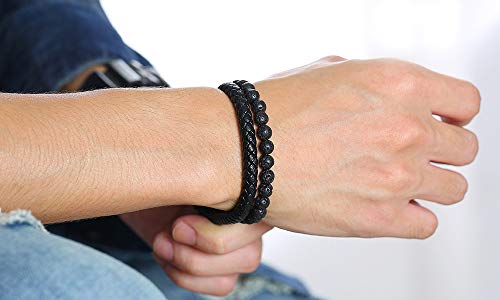 Mealguet Men's Lava Rock Bracelet Healing Balancing Braided Leather Bracelets With Stainless Steel Clasp, Celtic Cuff Bracelets,8.4" #TOP5