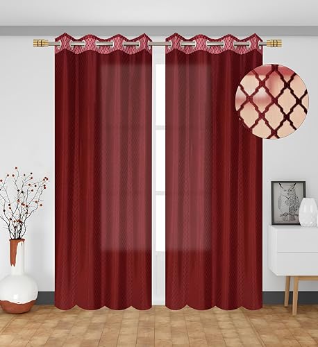 Image of Sheer Net Semi Transparent Home Decor Curtains for Living Room, Balcony Doors and Windows Panel, Parda, Eyelets Hanging, Maroon Red, 4 x 6 Feet, Pack of 2