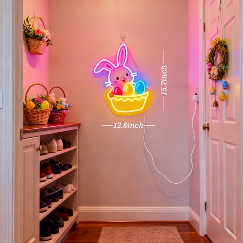 Image of Easter Egg Basket Neon Sign with Bunny - Rabbit Holding Basket Wall Decor, 10-Level Dimmable LED Light, USB Powered Easter Basket Stuffers Gift, 15.7 inchx12.6 inch
