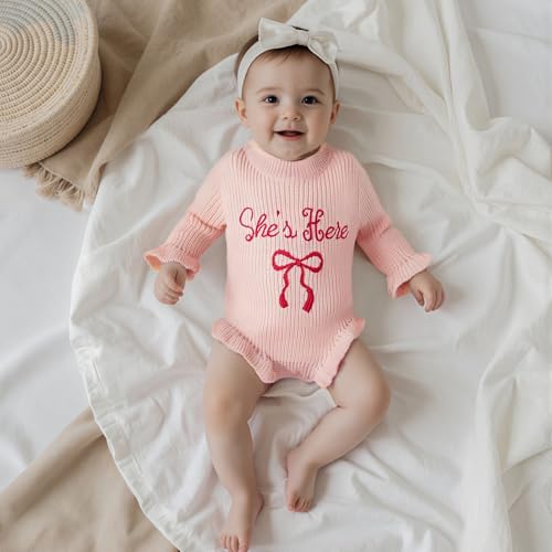 Baby Girl Sweater Romper She's Here Chunky Knit Jumper Ruffle Bodysuit Cute Newborn Fall Winter Clothes Announcement2