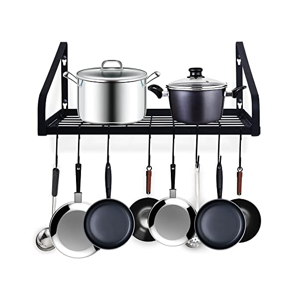 ZHOHO TANT Pot and Pan Hanger, Wall Mounted Pots and Pan Hanging Rack with 8 Hooks for Kitchen Cookware Utensils 2 DIY Methods Black Steel Hanging Pot Rack