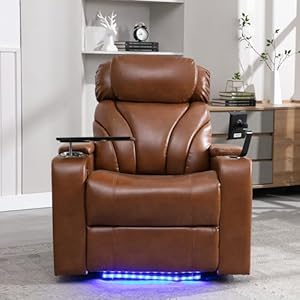 Power Motion Recliner with USB Charging Port and Hidden Arm Storage Home Theater Seating with Convenient Cup Holder Designand StereoLight Brown