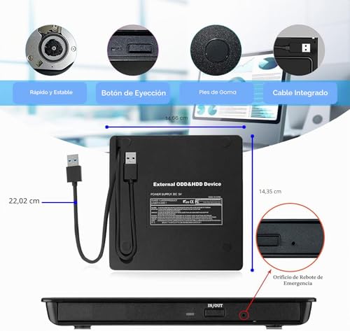 Antika Grabadora de DVD/CD +/-RW, Unidad Externa USB 3.0, Dispositivo Lector de Tarjetas portátil Ultrafino Compatible con Laptop,Desktop,PC Mac/OS/XP/Vista/Win11/Win10/Win8 (Black3.0) - Imagen 6