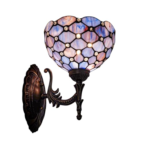 Image of Tiffany Wall Sconce Hand-Weld Stained Glass Bedside Lamp with Classic 8 Inches Lampshade for Bedroom Hallway Living Room Home Office (Blue Purple)