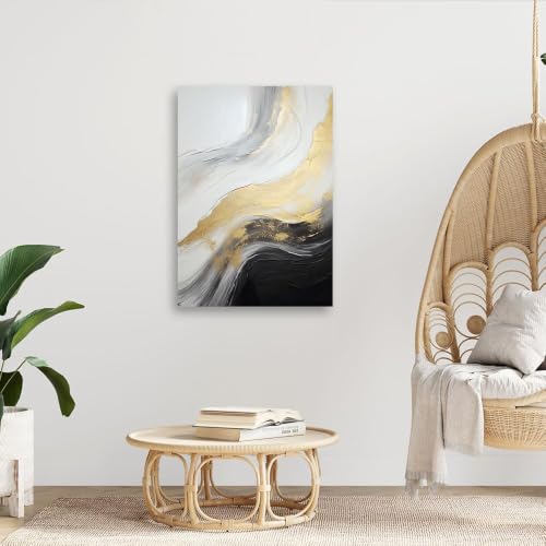 Pintura abstracta moderna de salón en lienzo negro y oro sin marco 2