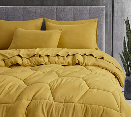 Chezmoi Collection Piper Full Bed In A Bag 7-Pieces Honeycomb Hexagon Quilted Soft Washed Double Brushed Microfiber Comforter With Sheets Lightweight All Season Bedding Set (Full, Mustard Yellow) #TOP5