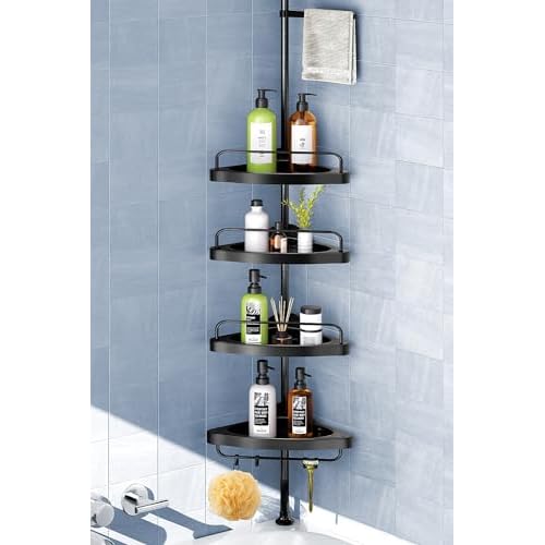 Corner Shower Caddy Tension Pole: Adjustable Stainless Steel Shower Organizer with 4 Tier Shelf for Bathroom Bathtub Tub Shampoo -Floor Standing Rack Bath Storage Holder with Rust Proof Rods - Black