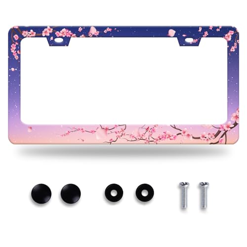Cherry Blossom License Plate Frame Pink Flowers Floral License Plate Stainless Steel Funny License Plate Holder Women Car Accessories Decoration with Screws Fits Standard Vehicles Size 12.3