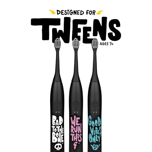 Image of Made by Dentists Sonic X Electric Toothbrush - Rechargeable Kids Sonic Toothbrush, 8X Plaque Removal, 2 Speed Modes, 2-Minute Timer 6 Brush Heads Included, Tweens Ages 7+, Bad to The Bone Edition