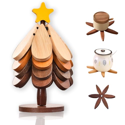 Ainuoyi - Natural Wood Tree Trivet Set, Wooden Trivets for Hot Dishes, 4PCS Wooden Trivets & 1 Stand Like Christmas Tree, for Hots, Pans, Bowl, Teapot, Hot Holders (4PCS Mixing Color with Star Shape)