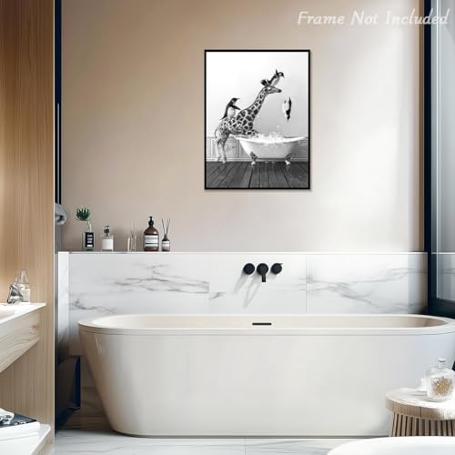 Dazzlewall Funny Bathroom Wall Art Giraffe and Penguins Jump in Bathtub Print, Black and White Animal Picture for Bathroom Toilet Decor 12×16 in Unframed - Cosy Home Interiors Dazzlewall Funny Bathroom Wall Art Giraffe and Penguins Jump in Bathtub Print, Black and White Animal Picture for Bathroom Toilet Decor 12×16 in Unframed - Image 3