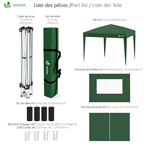 Vounot® Gazebo 3X3M Pieghevole Con 4 Parti Laterali, Gazebo Da Giardino Tenda Padiglione Pop Up Con 4 Sacchi Di Sabbia Di Peso E Sacca Di Trasporto, Colore Verde - 2