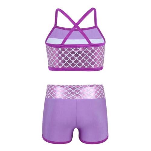 YEAHDOR Big Girls' 2 Pieces Gymnastics Dancing Outfits Crop Bra Top with Shorts Set Athletic Sports Actviewear Lavender Mermaid Scales 3-4 Years2