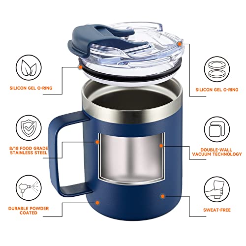 Image of 12oz Stainless Steel Insulated Coffee Mug with Handle, Double Wall Vacuum Tumbler Cup with Fliping Lid, Navy, 2 Pack