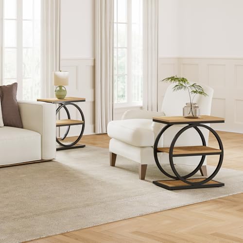 LITTLE TREE 3-Tier End Table, Side Table with Storage Shelves, Small Sofa Side Table for Living Room, Wooden Side End Table with Double Round Metal Legs, Slim Nightstand and Bedside Table, Oak by LITTLE TREE - Image 2