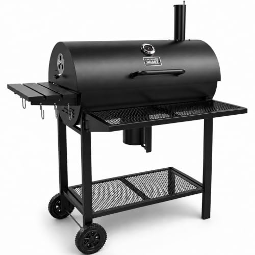 THE BLACK BEAST Holzkohlegrill Grillwagen - Kohlegrill BBQ Smoker mit Deckel Thermometer Schornstein 3-tlg. Grillrost Warmhalterost Aschebehälter und Rädern