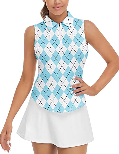 Women's Argyle Golf Shirt Plaid Polo Shirts Moisture Wicking Sleeveless Shirt Golf Clothes (Blue Argyle,Large) #TOP5