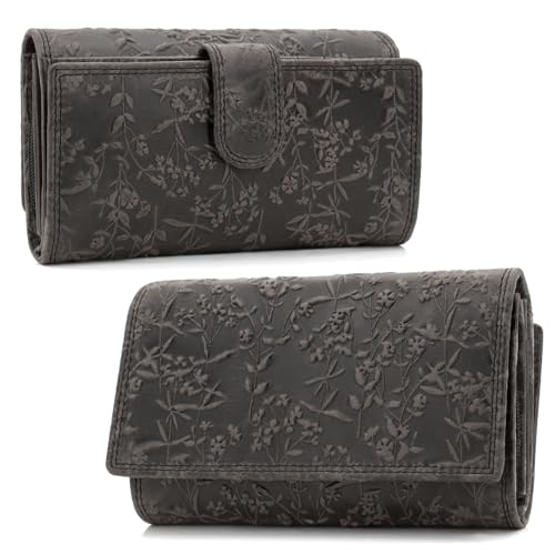 ekavale Damen-Geldbörse groß im Langformat Portemonnaie mit Druckknopf und RFID- Schutz, Geldbörse mit Blüten Muster (Schwarz)