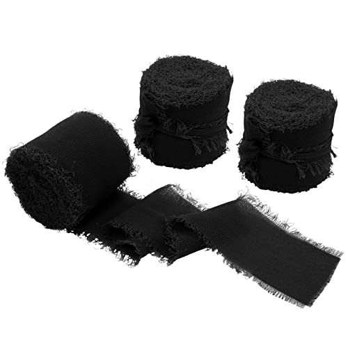 Uiopa 3 Rollos Cinta de Seda de Gasa Negro, 38mm x 6,4m Cinta con Flecos para Lazos Regalos, Cinta Decorativa de Tela para Envolver Regalos, Ramo, Boda, Fiesta, Invitaciones, Manualidades