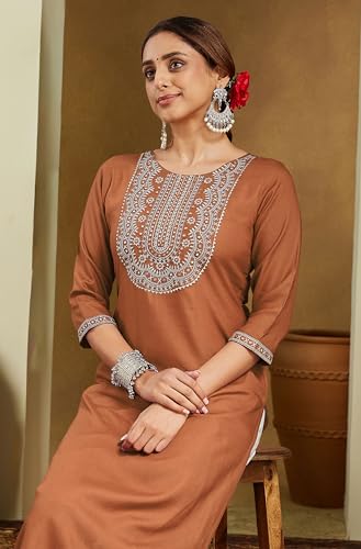 Image of Janasya Women's Rayon Embroidered Straight Kurta