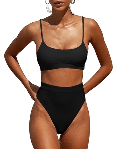 MELYUM High Waisted Bikini Sets for Women Two Piece Swimsuit Tummy Control Bathing Suit Cheeky Bottoms Push Up Top Black