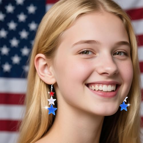 Acrylic Sparkly 4th of July Earrings for Women, Trendy Independence Day Patriotic Drop Dangle Earrings, Fourth of July Outfits & Shirt Accessories for Women4