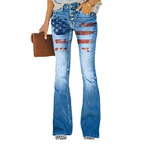 Womens American Flag Print Bootcut Jeans Button Flared Jeans for July 4Th