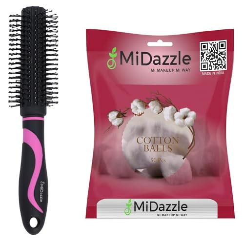 Image of Midazzle Premium Round Hair Brush with Cotton Ball, Black and Pink, Set of 2