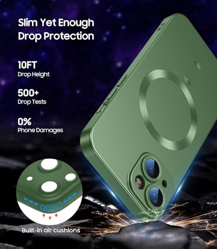 Image of DIZORO Magnetic Case for iPhone 14 Cover [Compatible with MagSafe][Built-in Camera Lens Protector] Slim Soft Silicone Bumper Shockproof Metallic Luster Back Cover Phone Cases (Green)