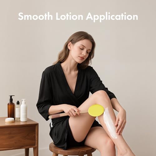 Image of AmazerBath Lotion Applicator for Back, Feet, 4 Replacement Pads with 17 inch Curved Handle, Back Sunscreen Applicator for Kids, Elderly, Women, Apply Skin Cream Medicine Moisturizer Tanner, Lemon Yellow