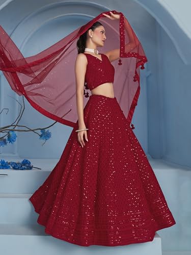 Image of Zeel Clothing Women's Sequins Thread Embroidered Georgette Lehenga Choli With Dupatta (5124-Women-Lehenga-Choli-New; Free size)