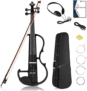 Vangoa Electric Violin Full Size 4/4, Black Silent Electric Violin, Solid Wood Metallic Electric Fiddle with Ebony Fittings, Beginner Kit for Adults Teens