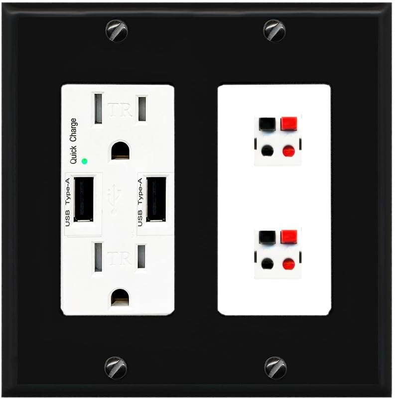 RiteAV 2 Port Speaker Wire Plug Jack Wall Plate - USB Outlet [Red/White]