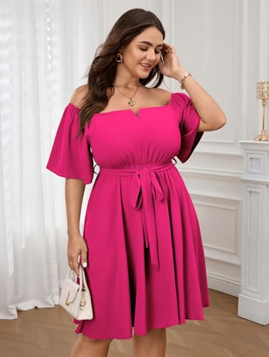 Image of SCOMCHIC Womens Plus Size Cocktail Dress Summer Off Shoulder Short Sleeve Flowy Ruffle A-Line Cute Mini Dress with Belt